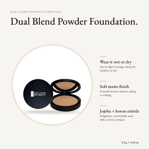Dual Blend Powder Foundation compact, 11.5 g, with key benefits