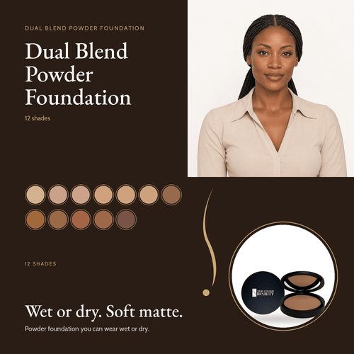 Dual Blend Powder Foundation 12 shade swatches and compact