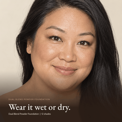 Close-up of model wearing Dual Blend Powder Foundation