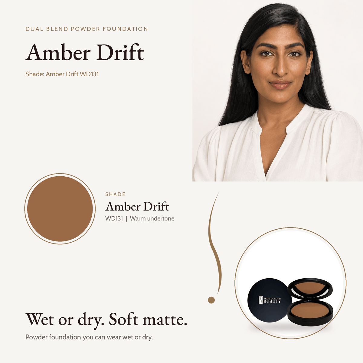 Dual Blend Powder Foundation in Amber Drift WD131, warm undertone, with model