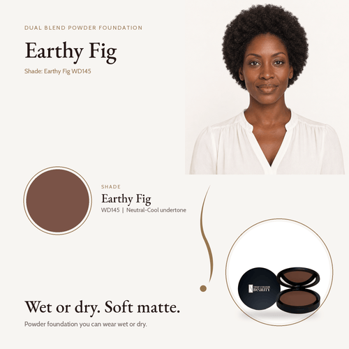 Dual Blend Powder Foundation in Earthy Fig WD145, neutral-cool undertone, with model
