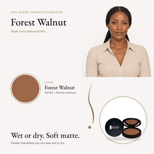 Dual Blend Powder Foundation in Forest Walnut WD140, neutral undertone, with model