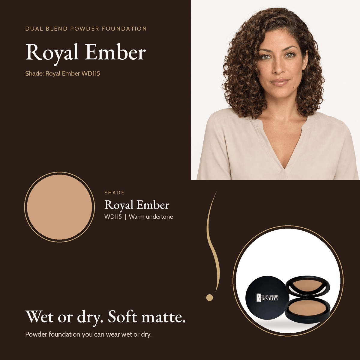 Dual Blend Powder Foundation in Royal Ember WD115, warm undertone, with model