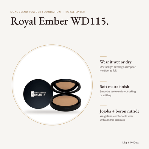 Dual Blend Powder Foundation Royal Ember WD115 compact, 11.5 g, with key benefits