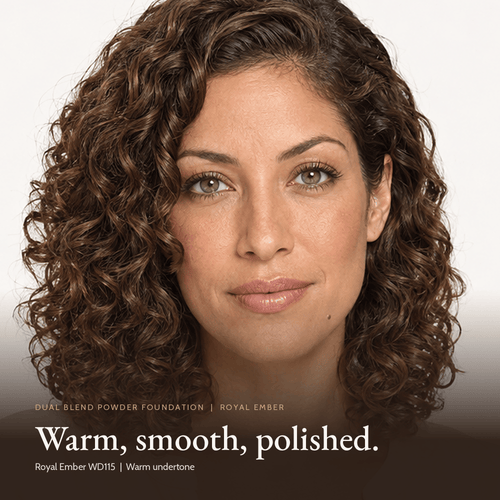 Close-up of model wearing Dual Blend Powder Foundation in Royal Ember
