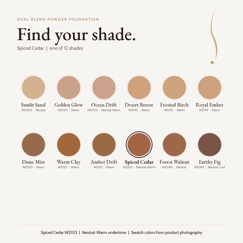 Dual Blend Powder Foundation shade chart with Spiced Cedar WD133 selected