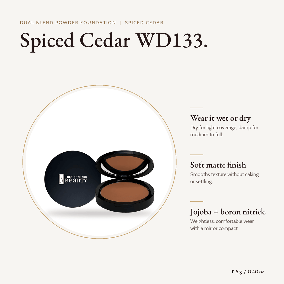Dual Blend Powder Foundation Spiced Cedar WD133 compact, 11.5 g, with key benefits