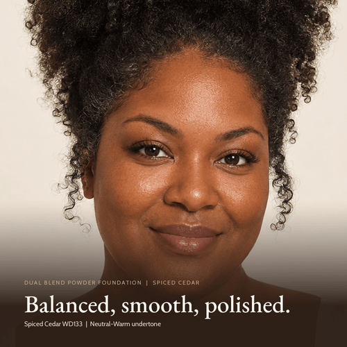 Close-up of model wearing Dual Blend Powder Foundation in Spiced Cedar