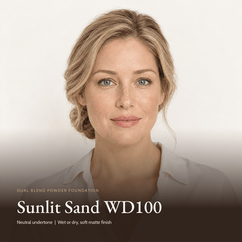 Model wearing Dual Blend Powder Foundation in Sunlit Sand WD100