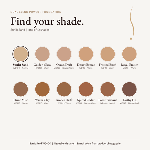 Dual Blend Powder Foundation shade chart with Sunlit Sand WD100 selected