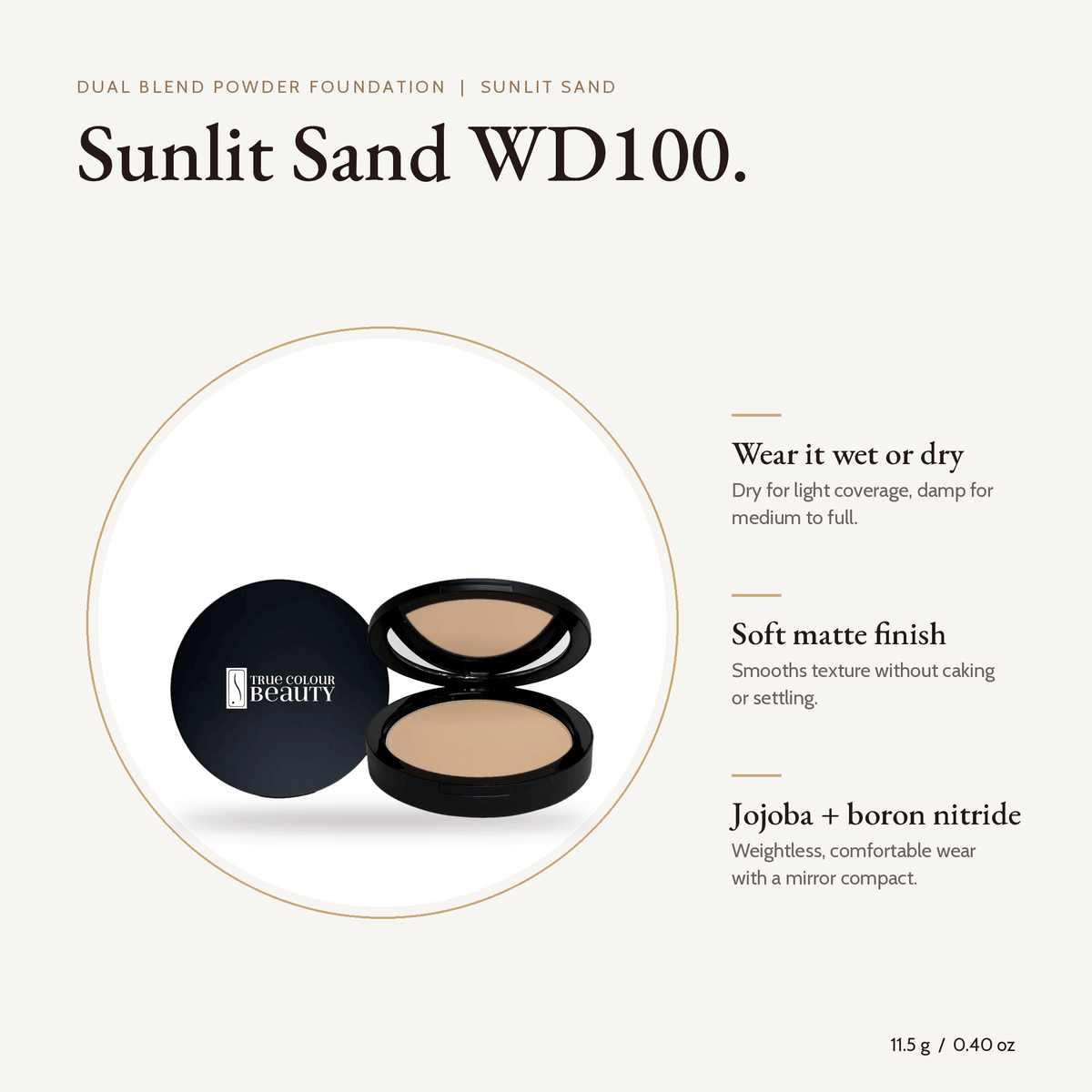 Dual Blend Powder Foundation Sunlit Sand WD100 compact, 11.5 g, with key benefits