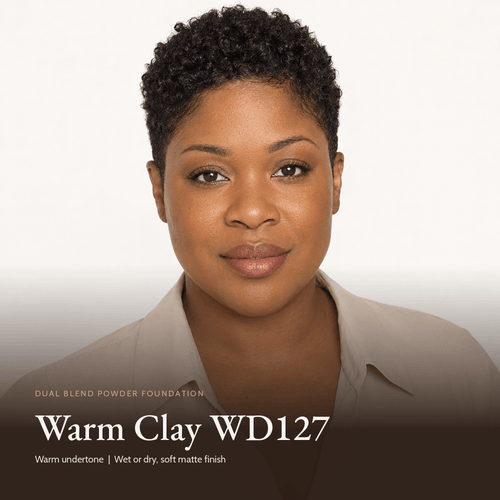 Model wearing Dual Blend Powder Foundation in Warm Clay WD127