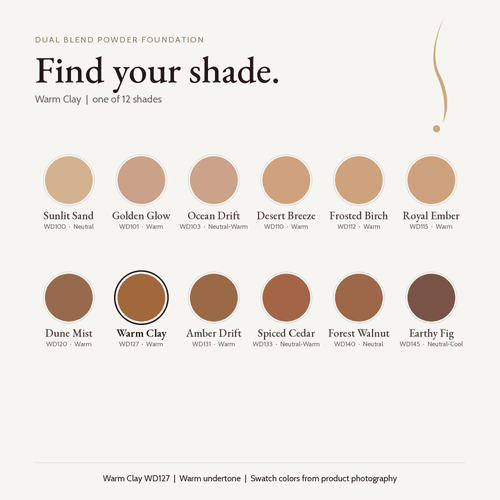Dual Blend Powder Foundation shade chart with Warm Clay WD127 selected
