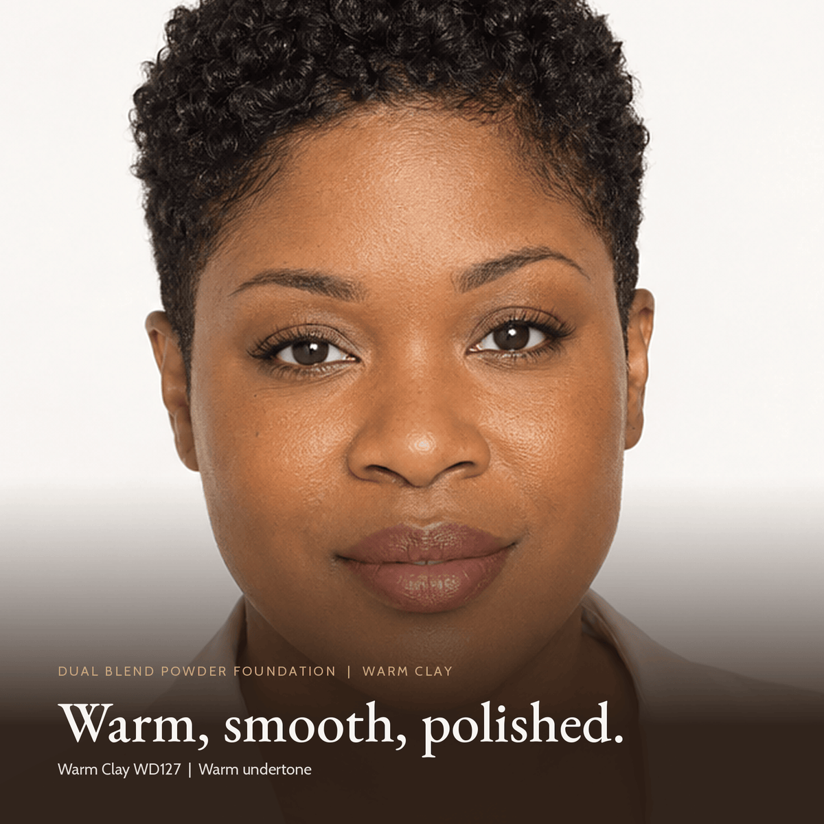 Close-up of model wearing Dual Blend Powder Foundation in Warm Clay