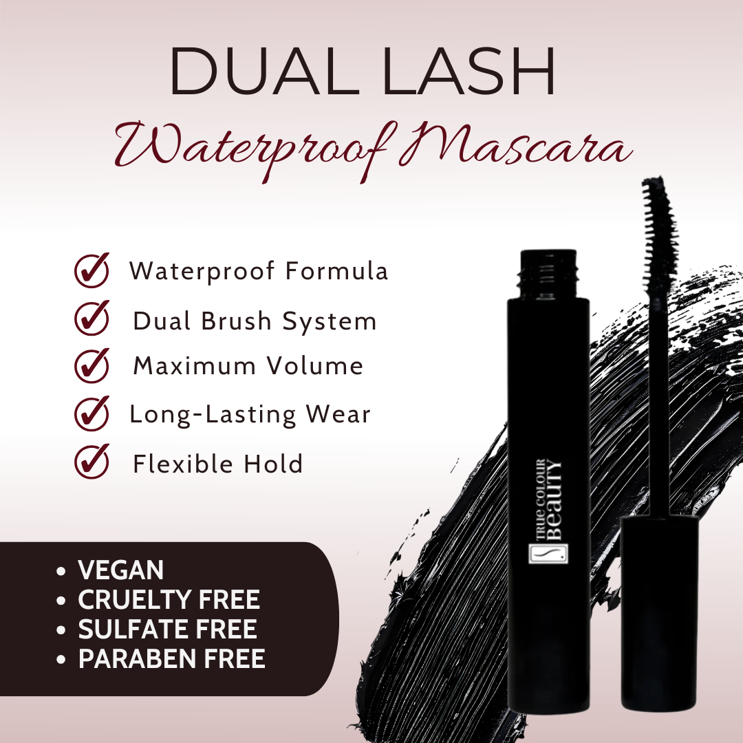 Lush Dual Lash Waterproof Mascara with product features listed on a light pink background