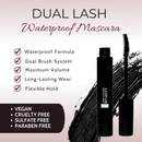 Lush Dual Lash Waterproof Mascara with product features listed on a light pink background
