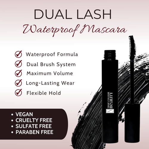 Lush Dual Lash Waterproof Mascara with product features listed on a light pink background