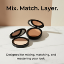 Three open makeup compact cases with different shades of powder on a white surface, with text 'Mix. Match.