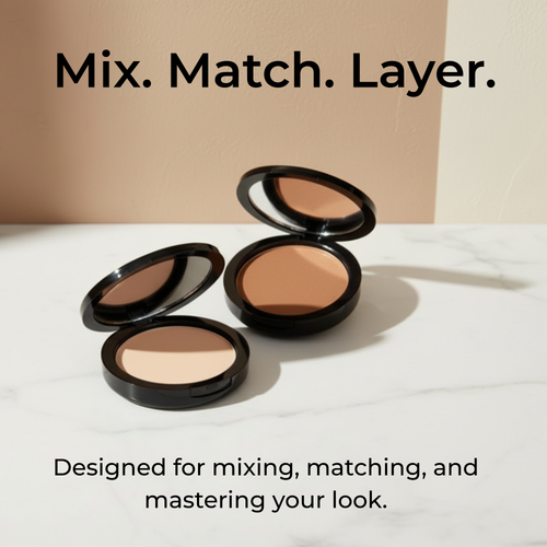 Three open makeup compact cases with different shades of powder on a white surface, with text 'Mix. Match.