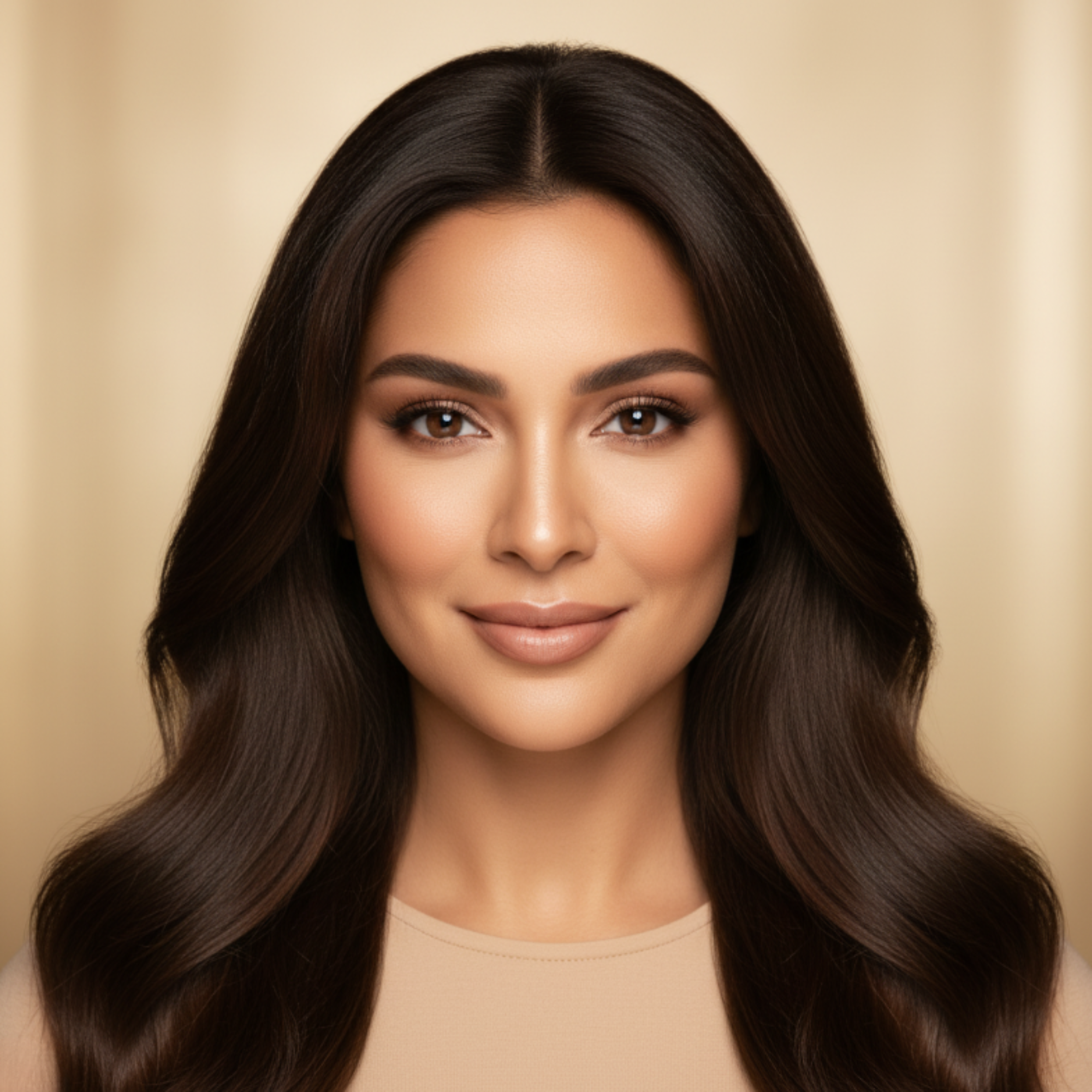 Woman with long, wavy brown hair against a beige background