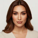Woman with long, wavy brown hair wearing a beige sweater against a light background