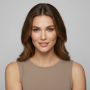 Woman with long brown hair wearing a beige sleeveless top against a gray background