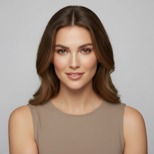 Woman with long brown hair wearing a beige sleeveless top against a gray background