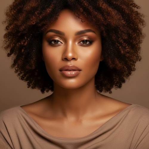 Woman with curly hair wearing a beige top against a brown background