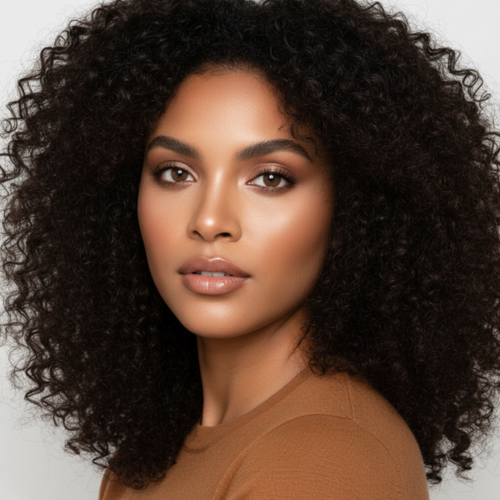 Woman with voluminous curly hair wearing a brown top against a neutral background