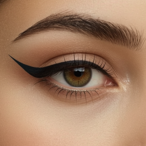 Close-up of a woman's eye with a cat-eye makeup look.