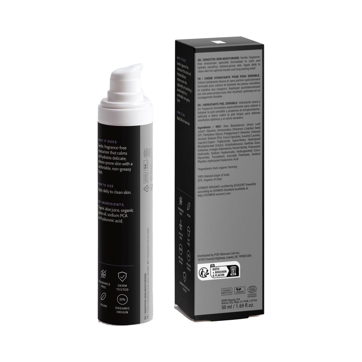 Sensitive Skin Moisturizer, bottle and box, back view with ingredients and directions
