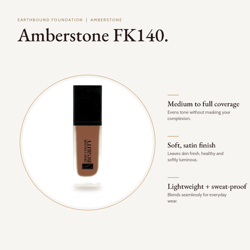 Earthbound Liquid Foundation Amberstone bottle with key benefits
