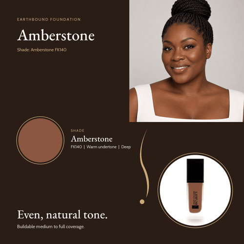 Earthbound Liquid Foundation Amberstone shade card with model