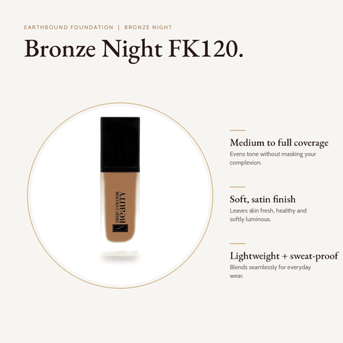 Earthbound Liquid Foundation Bronze Night bottle with key benefits