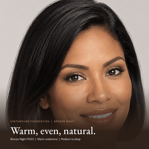 Close-up of model for Earthbound Liquid Foundation in Bronze Night