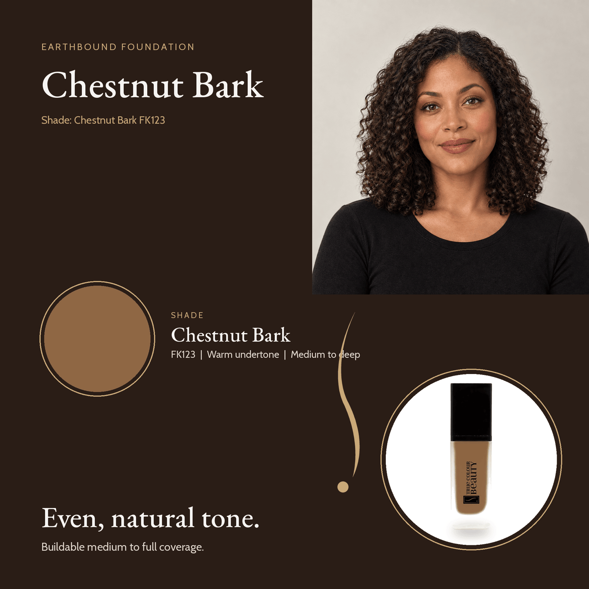Earthbound Liquid Foundation Chestnut Bark shade card with model