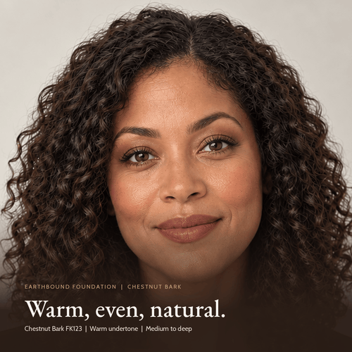 Close-up of model for Earthbound Liquid Foundation in Chestnut Bark