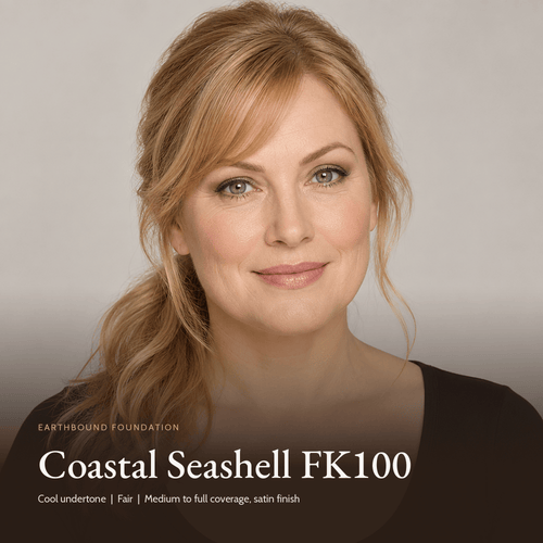 Model with Earthbound Liquid Foundation in Coastal Seashell FK100