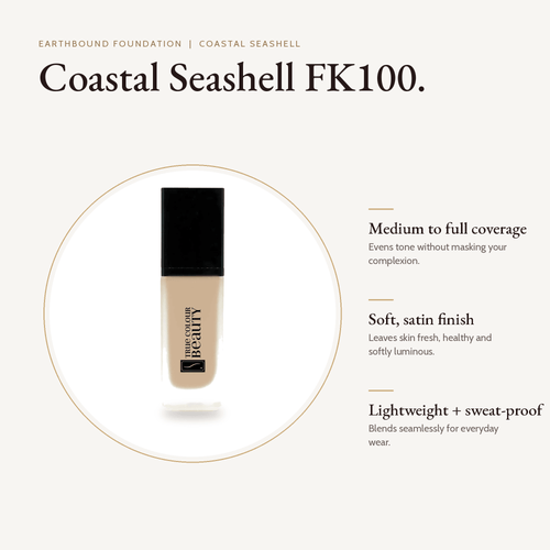 Earthbound Liquid Foundation Coastal Seashell bottle with key benefits