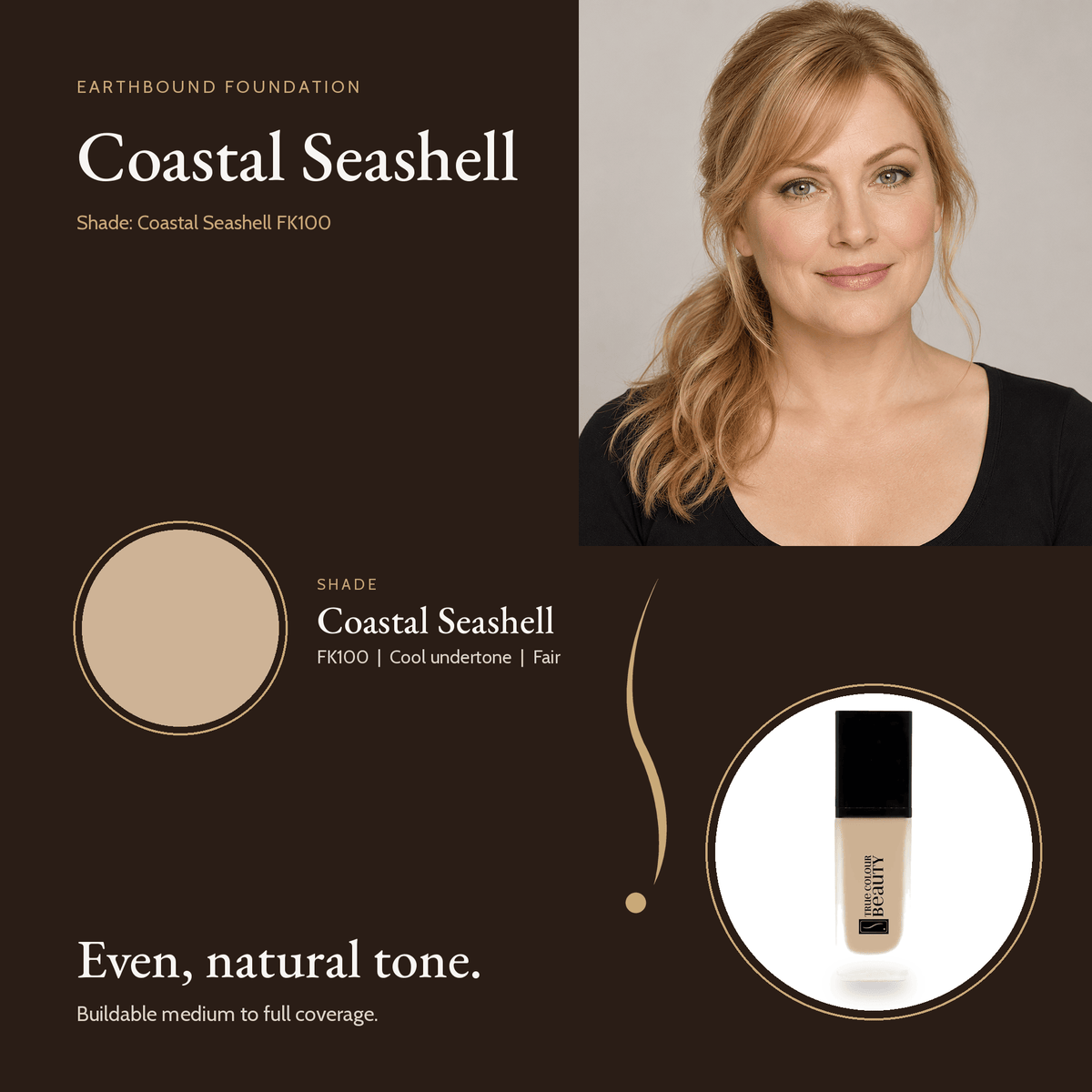 Earthbound Liquid Foundation Coastal Seashell shade card with model