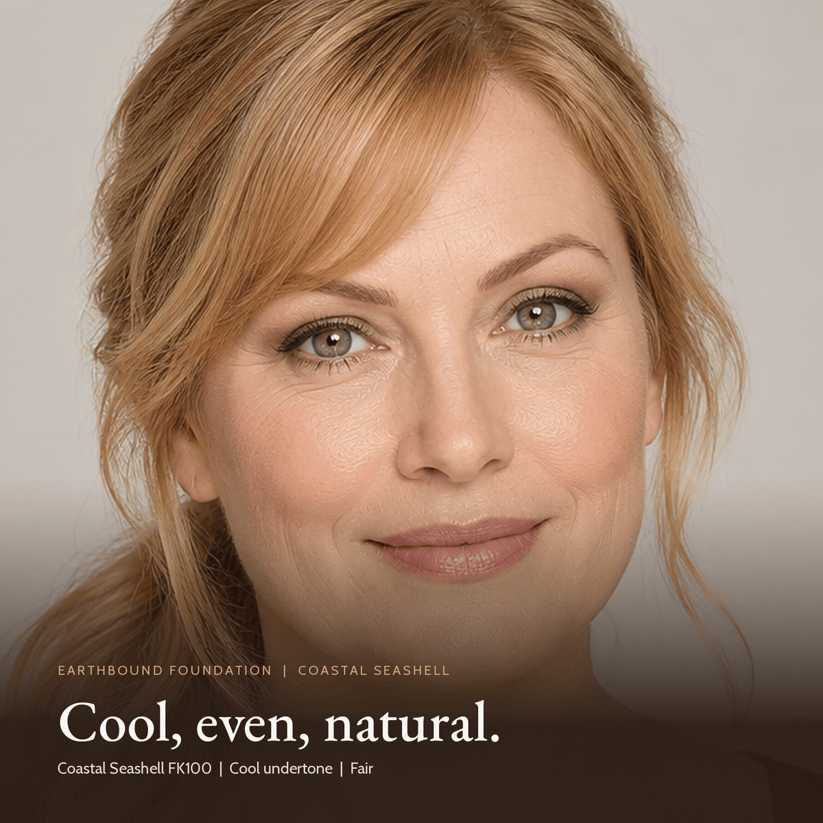 Close-up of model for Earthbound Liquid Foundation in Coastal Seashell