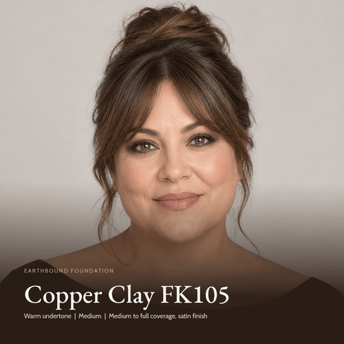 Model with Earthbound Liquid Foundation in Copper Clay FK105