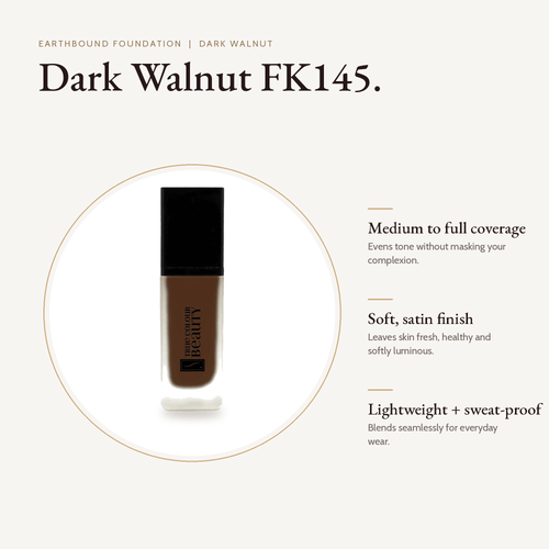 Earthbound Liquid Foundation Dark Walnut bottle with key benefits