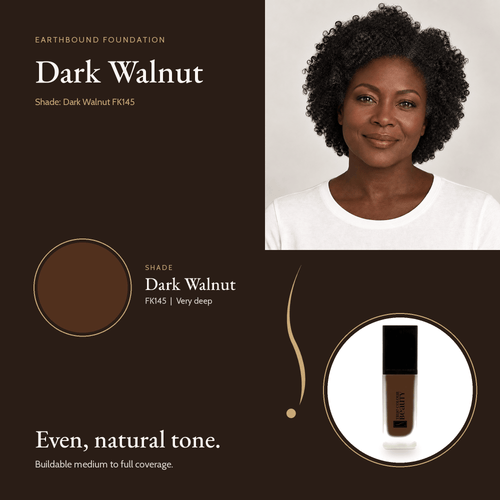 Earthbound Liquid Foundation Dark Walnut shade card with model