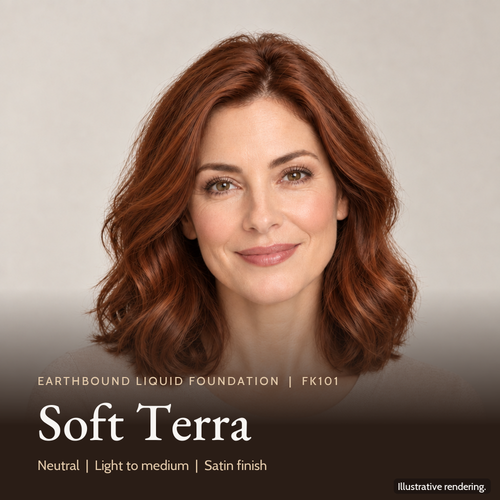 Model wearing Earthbound Liquid Foundation in Soft Terra FK101 for an even, natural-looking complexion.