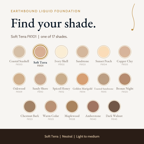 Earthbound Liquid Foundation shade guide with color swatches for all shades, Sunset Peach FK104 highlighted.