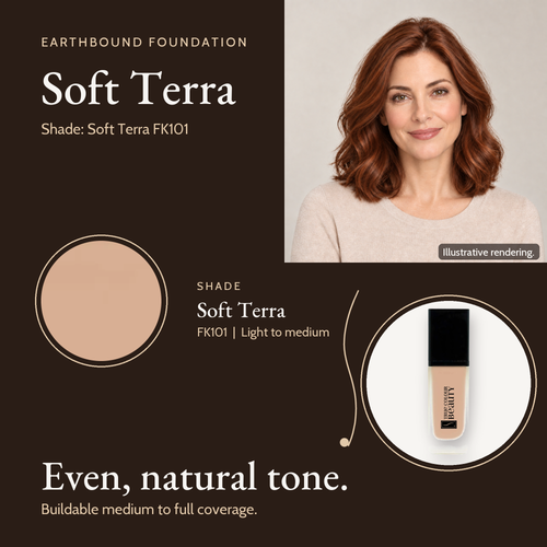Soft Terra FK101 shade card with a model photo, a color swatch and the Earthbound Liquid Foundation bottle.