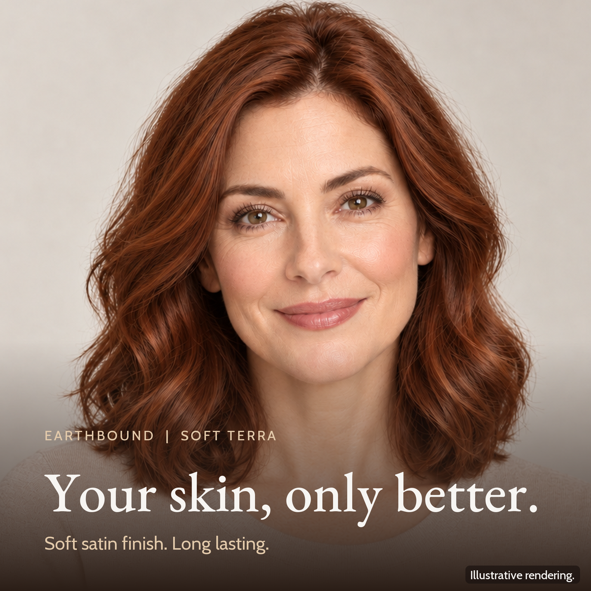 Close-up of a model's even, natural complexion wearing Earthbound Liquid Foundation in Soft Terra FK101.