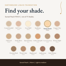 Earthbound Liquid Foundation shade guide with color swatches for all shades, Spiced Honey FK112 highlighted.