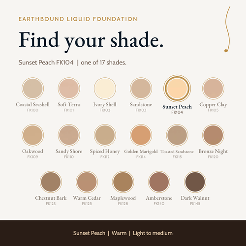 Earthbound Liquid Foundation shade guide with color swatches for all shades, Spiced Honey FK112 highlighted.